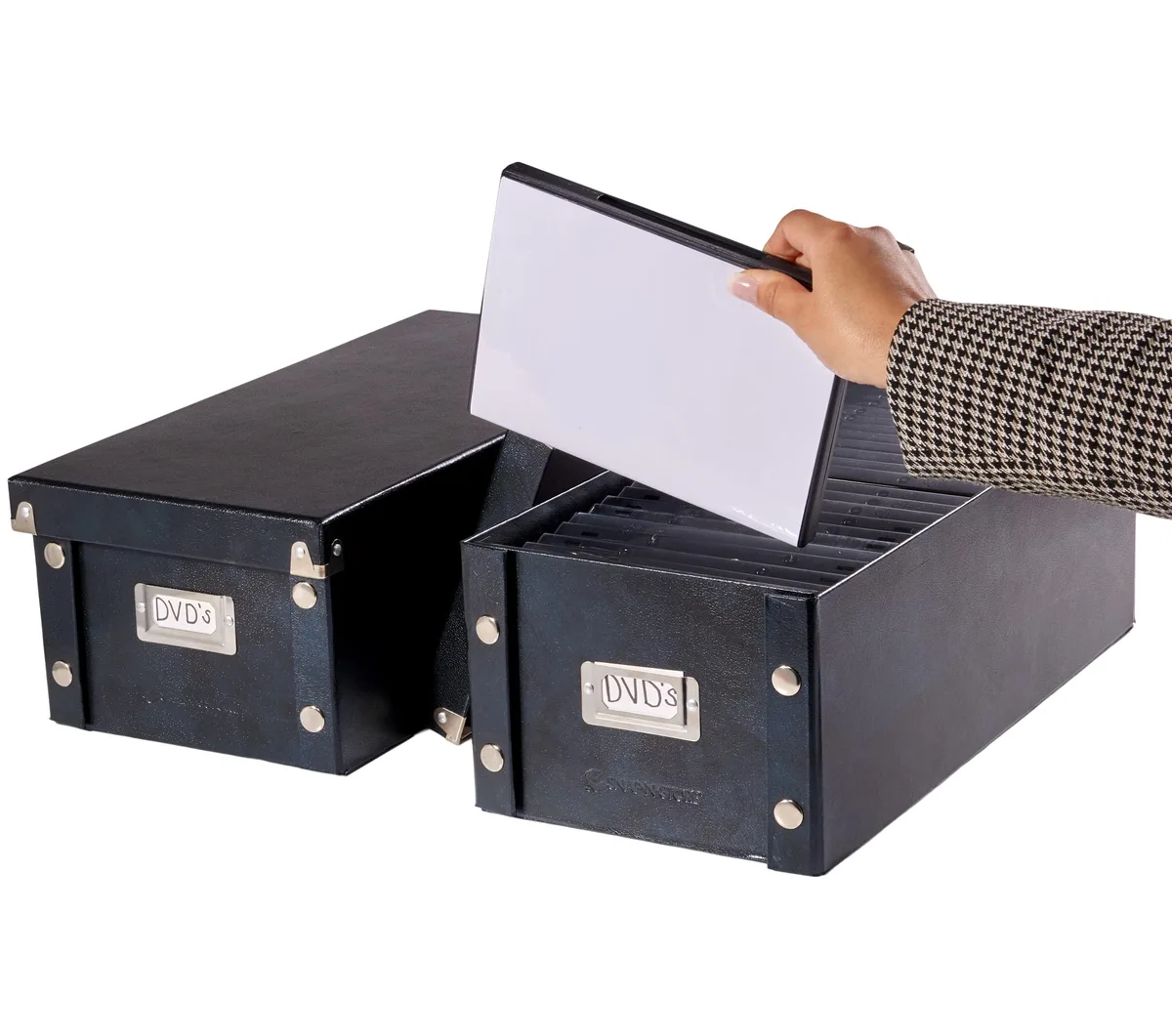 Black rectangular vinyl storage box with chrome label holder and snap corners, shown assembled