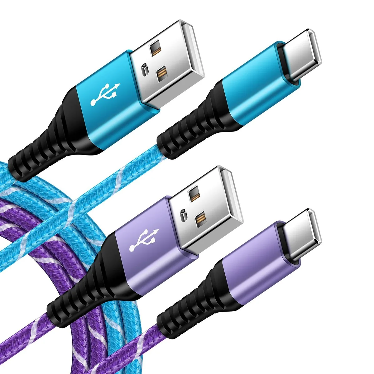 ABCPOW USB-A to USB-C Cable 2-Pack 6ft 3.1A 480Mbps Nylon Braided Blue Purple — product photo
