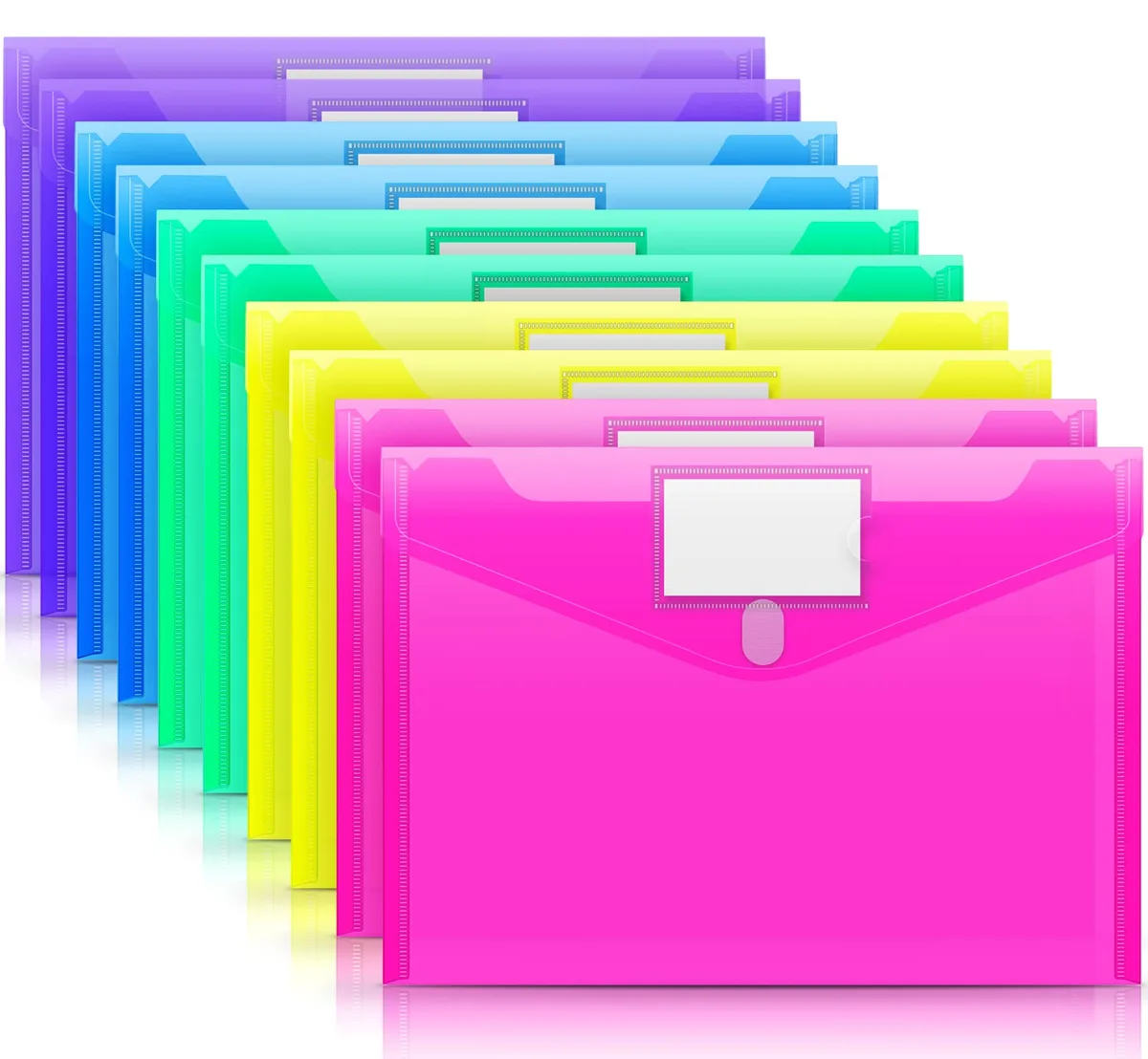 Ten clear poly envelope folders in assorted translucent colours, hook-and-loop closure, label pocket, A4/letter size