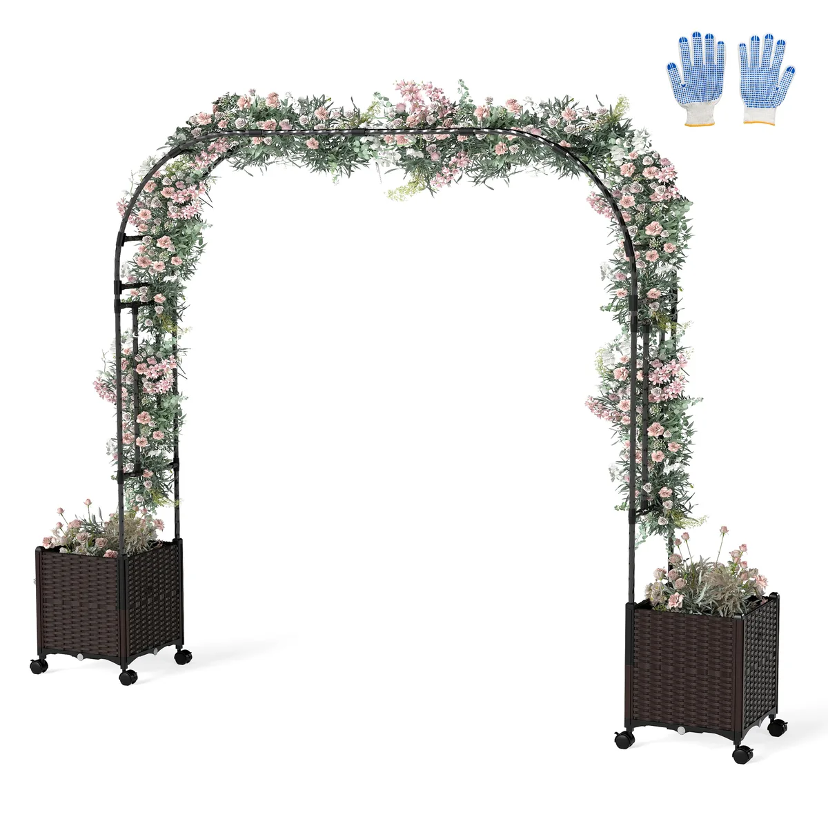 SlickBlue SlickBlue 6.6 ft Garden Arch Trellis with 2 Planter Boxes Lockable Wheels 80x16x113in Black Brown — product photo