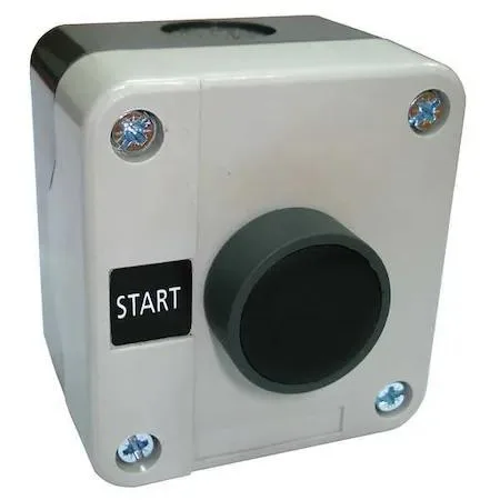 Grey thermoplastic wall-mounted control station with a single black 22 mm momentary push button labeled Start