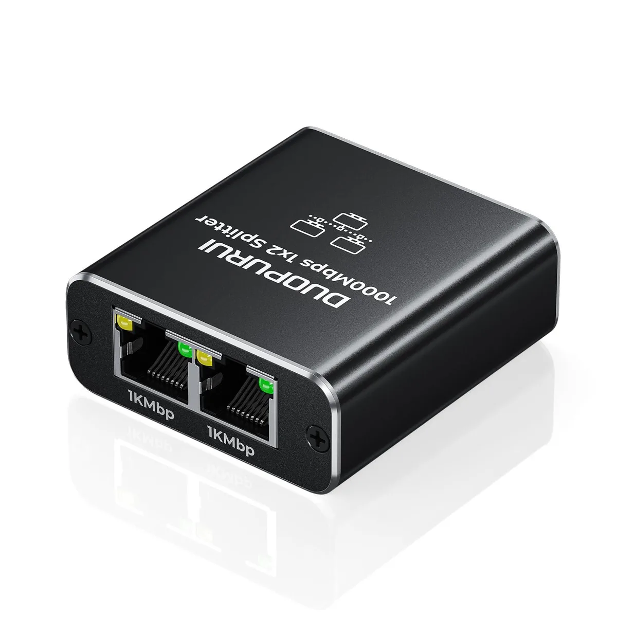 Black rectangular Ethernet splitter with two RJ45 output ports, one input port, and a USB power cable attached
