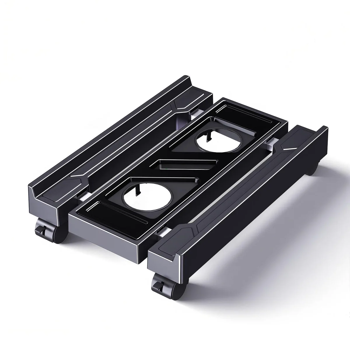 Black steel and ABS CPU stand, adjustable width 9.05 to 12.59 inches, four locking casters, perforated base, side guardrails