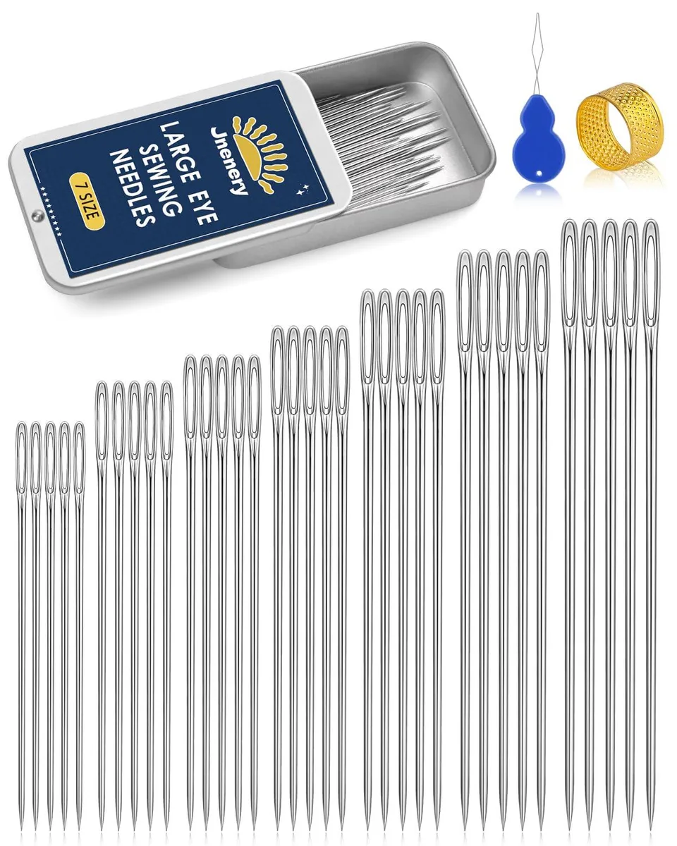 35 stainless steel needles in seven lengths with threader and thimble in metal box