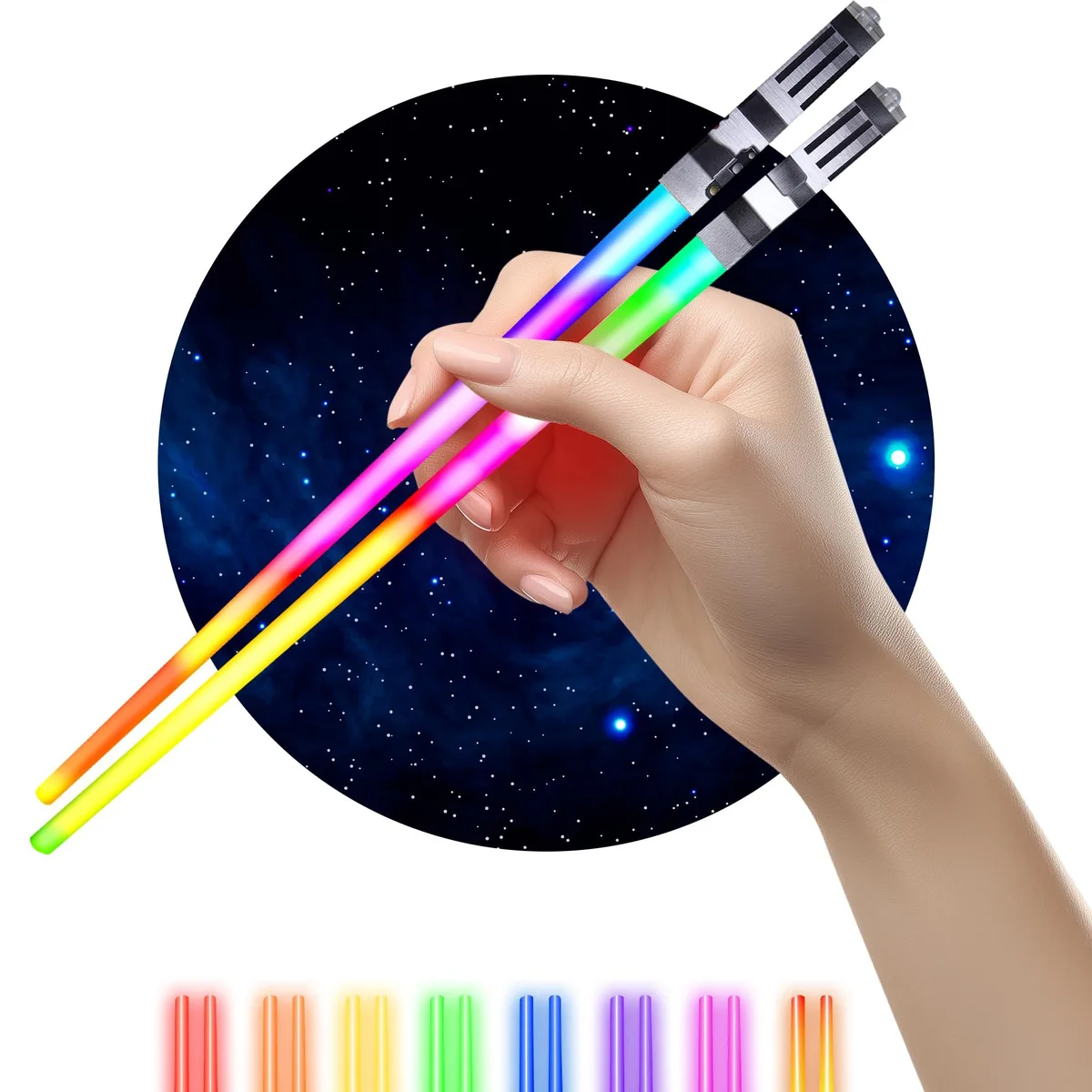 Twelve clear-tipped light-up chopsticks in glossy plastic finish