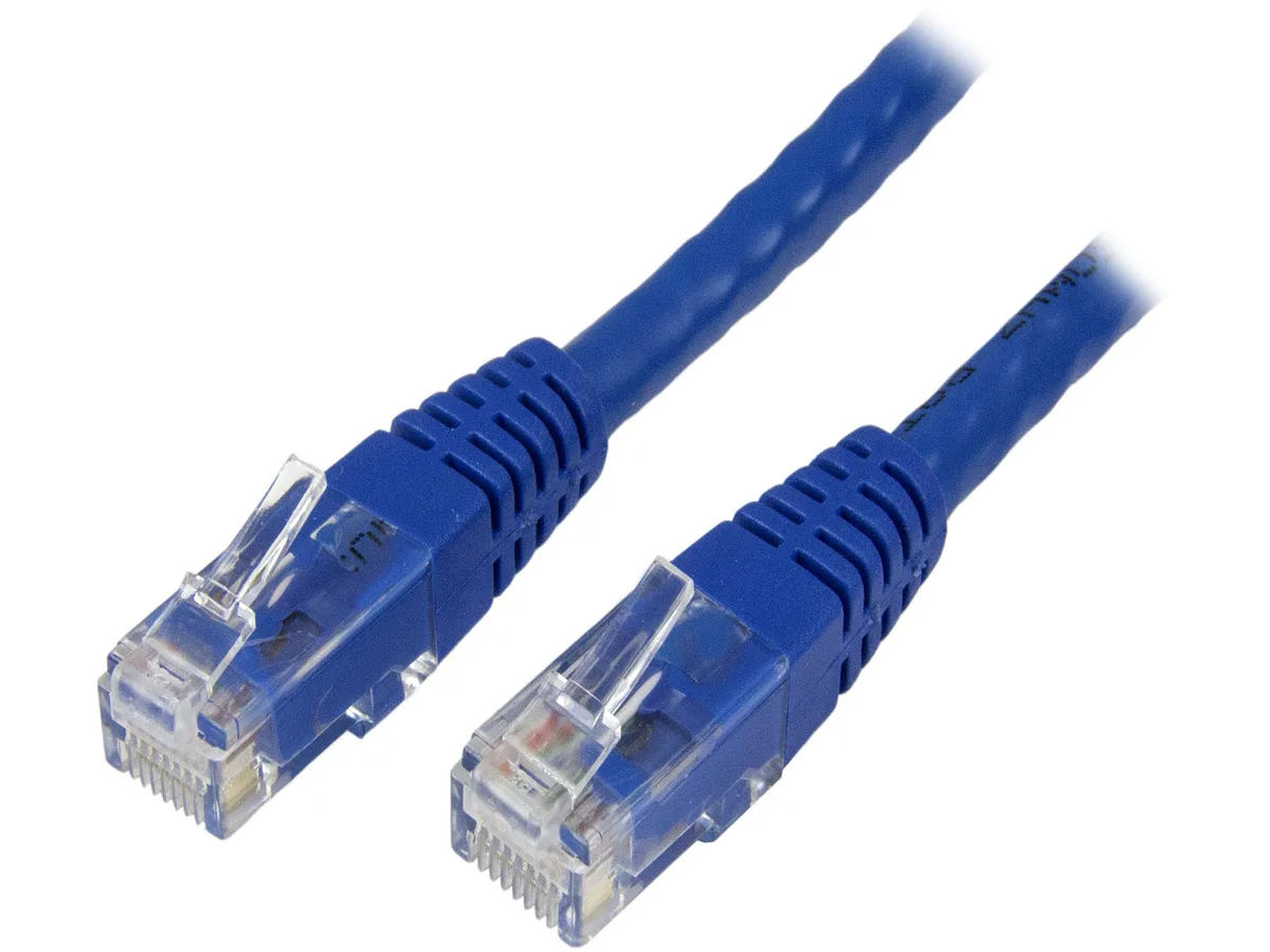Blue Cat6 Ethernet cable with molded connectors and strain relief, fifty feet long