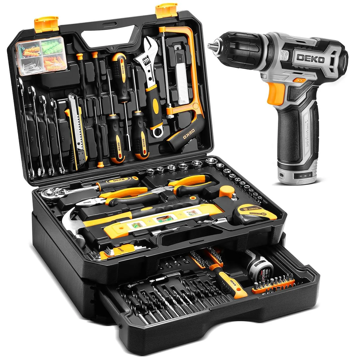 Yellow plastic toolbox with drawer, 12V cordless drill and 238 hand tools inside