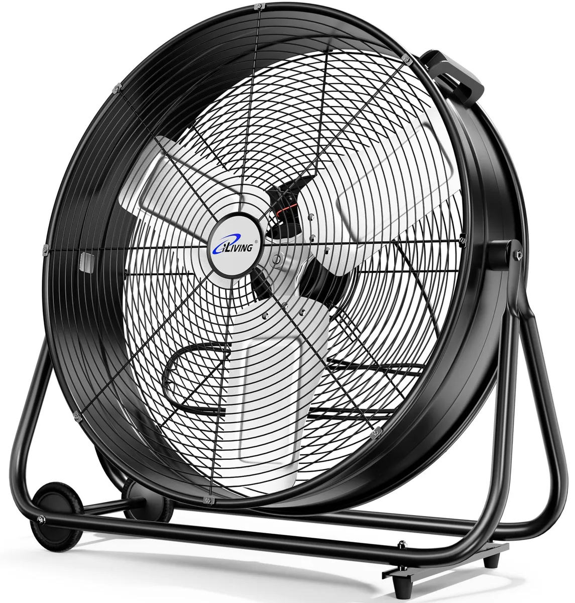 Black 24-inch steel drum fan on wheels with powder-coated finish and tilt handle