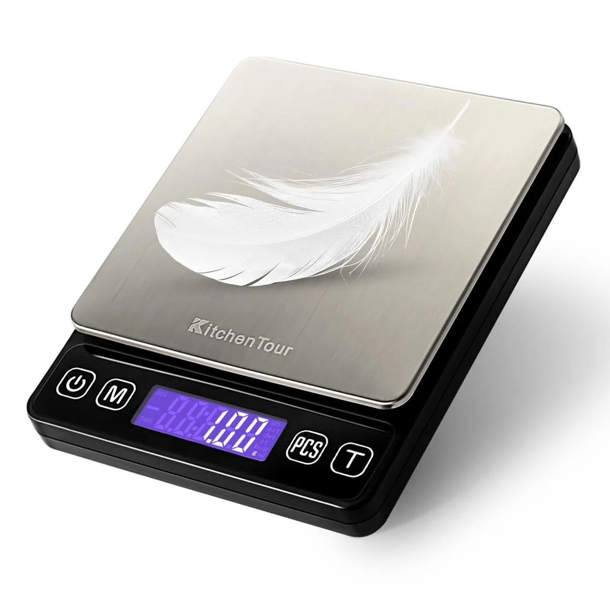 Black compact digital pocket scale with stainless steel platform and backlit LCD display
