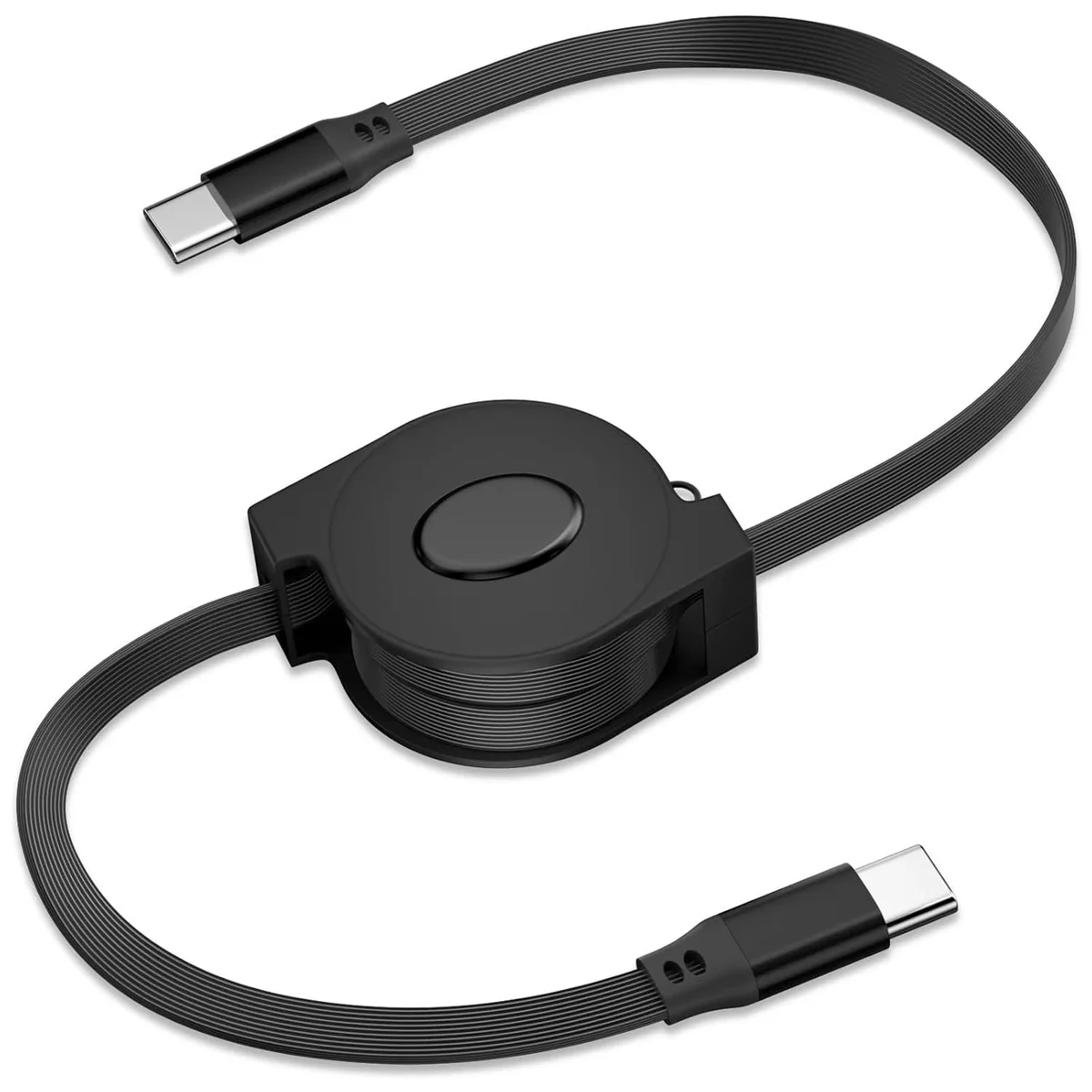 A white retractable USB-C cable coiled in a compact circular housing