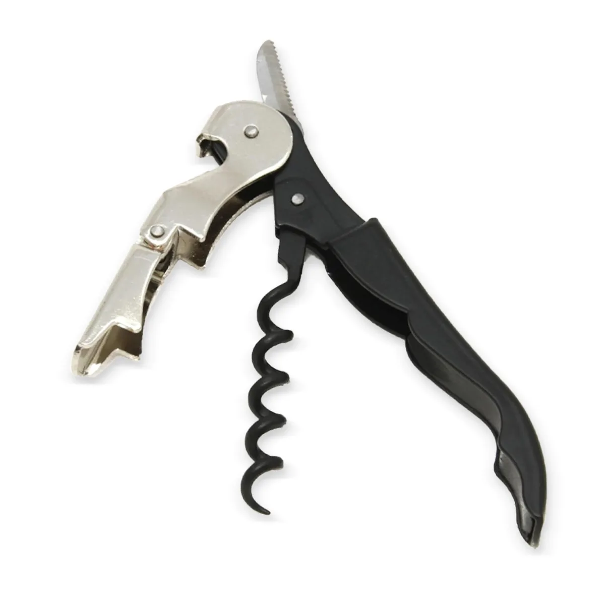 Stainless steel waiter's corkscrew with black handle, foil cutter and bottle opener, 5 inches long