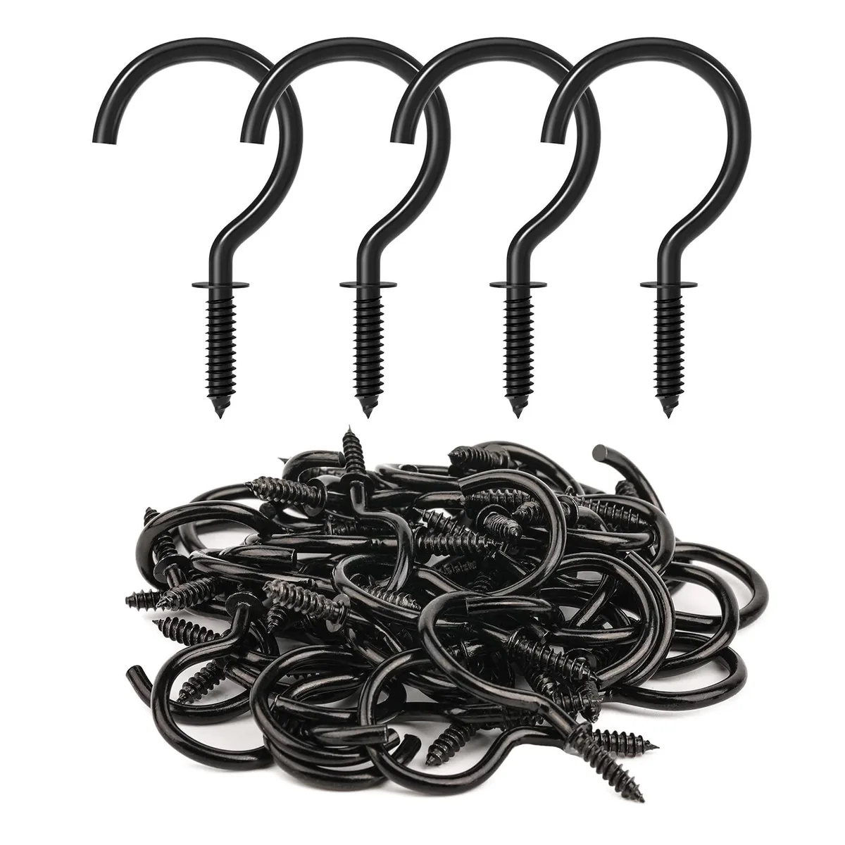 Black steel screw hooks in a latching plastic case, 50 pieces