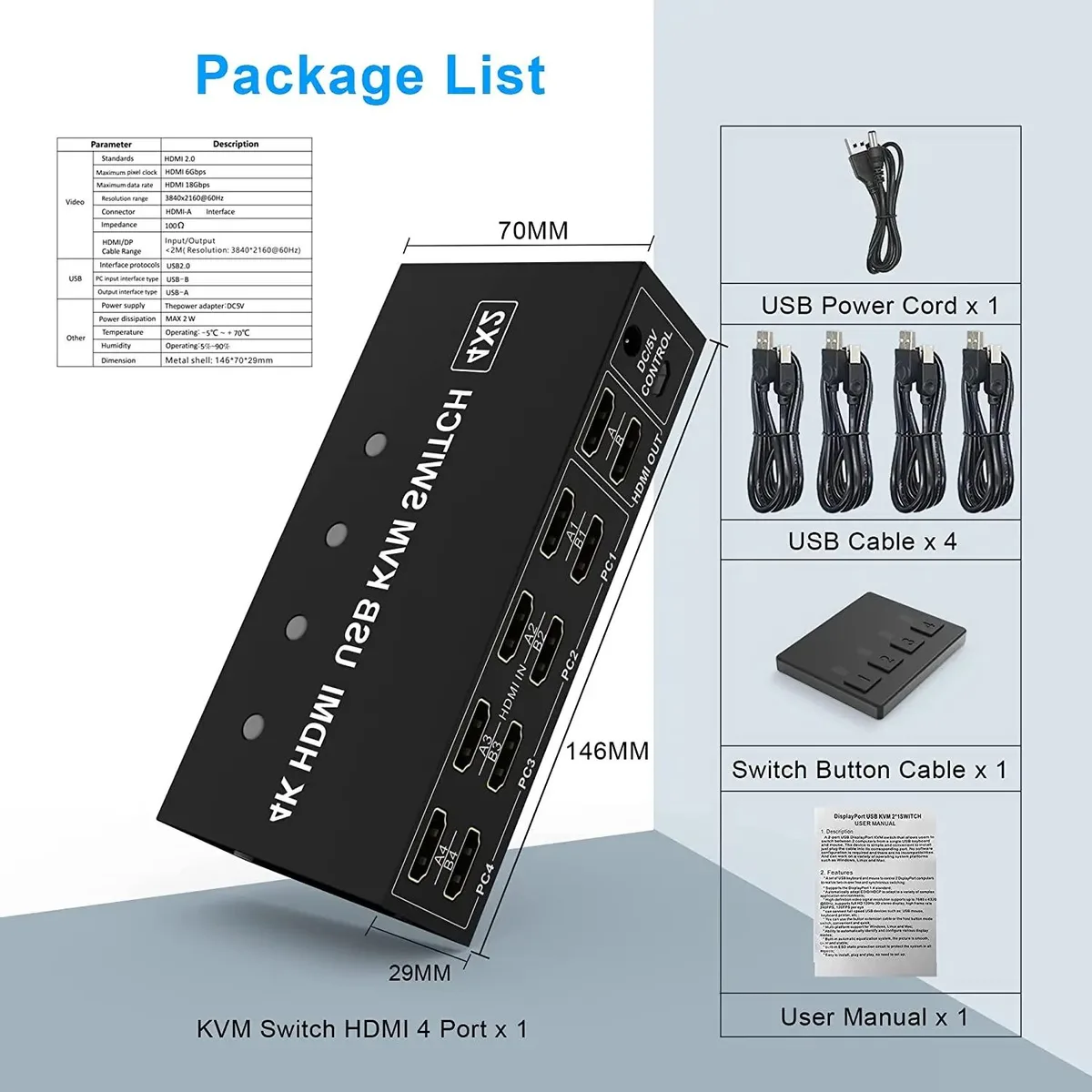 YINGHUA YINGHUA 4-Port Dual Monitor HDMI KVM Switch 4K@60Hz 4x2 (US Plug) — product photo