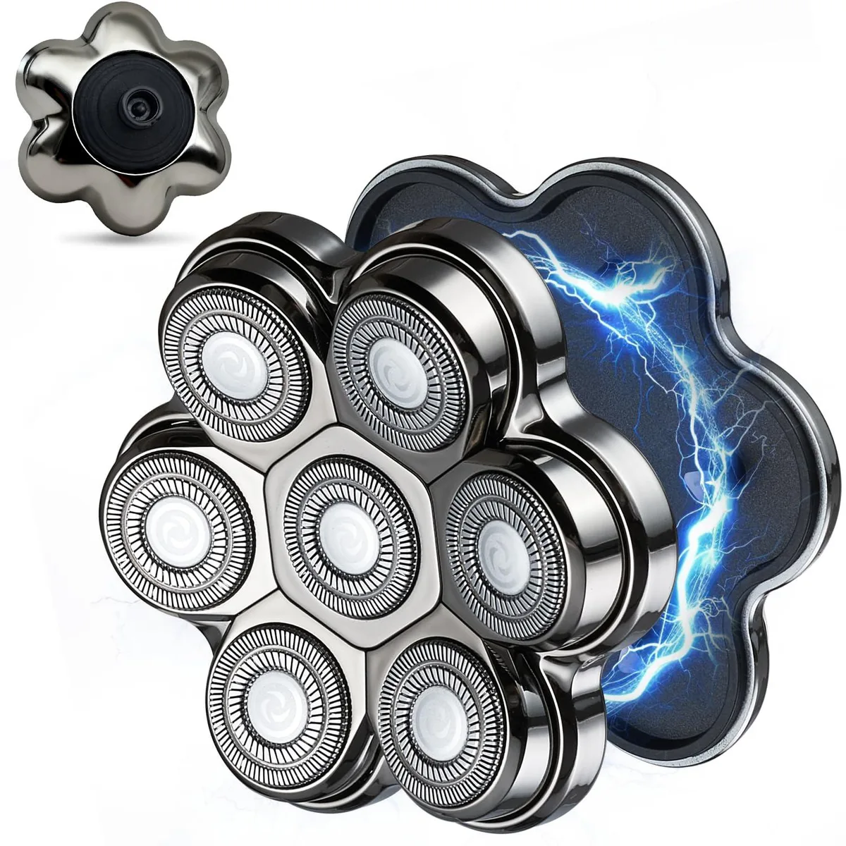 Seven silver magnetic shaver heads with seven circular blades each