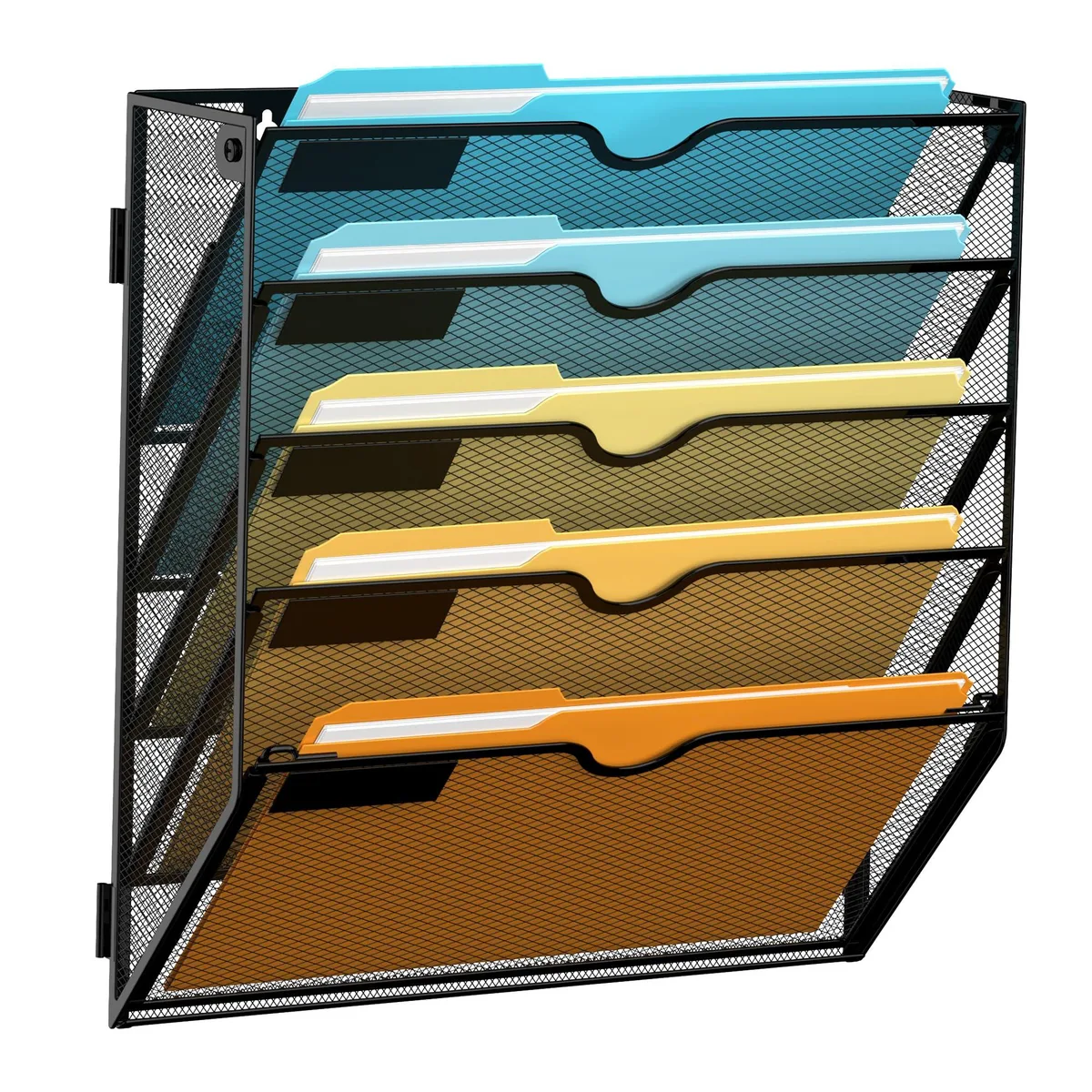 Black five-tier metal mesh wall file organiser with label slots, polished finish, wall-mounted vertical storage