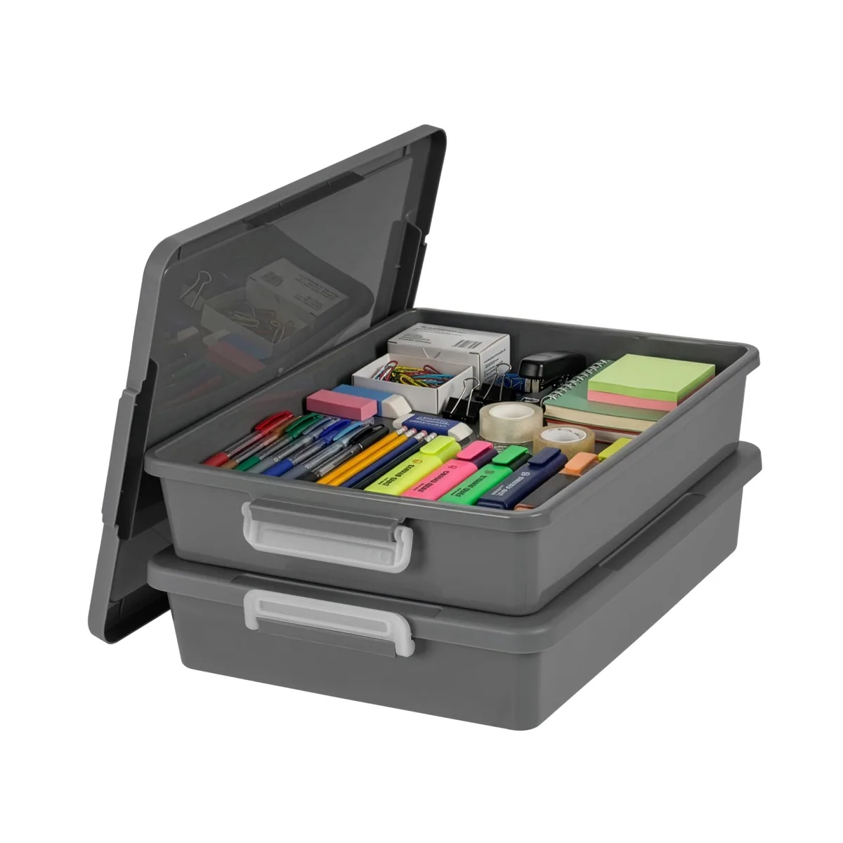 Two gray rectangular plastic bins with lids and buckles, stacked together
