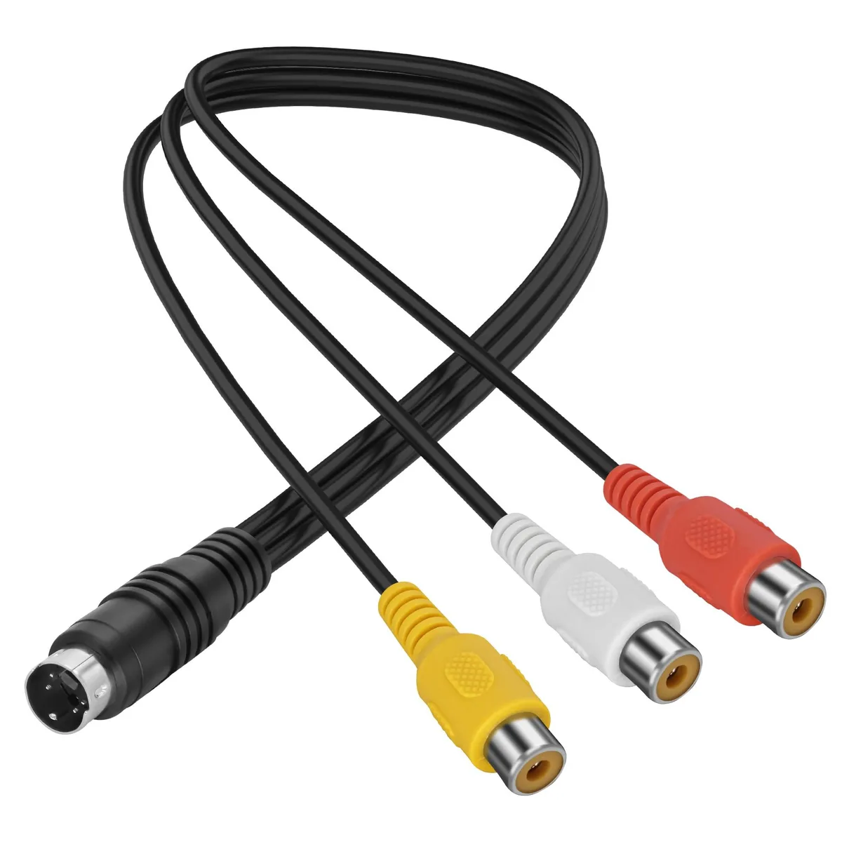 Short black cable with 4-pin S-Video plug and three RCA sockets