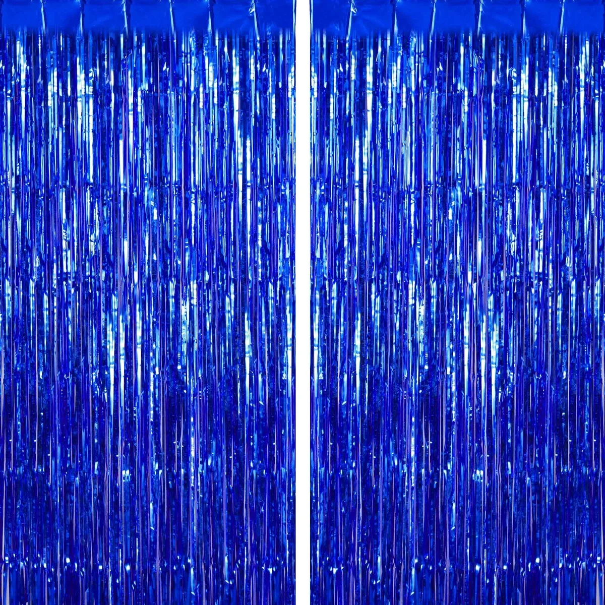 Two shiny blue foil fringe curtains, each 39.4 inches wide by 96.46 inches long