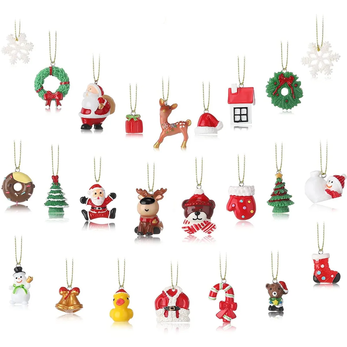 Set of 24 miniature resin Christmas ornaments in assorted festive shapes with gold hanging strings