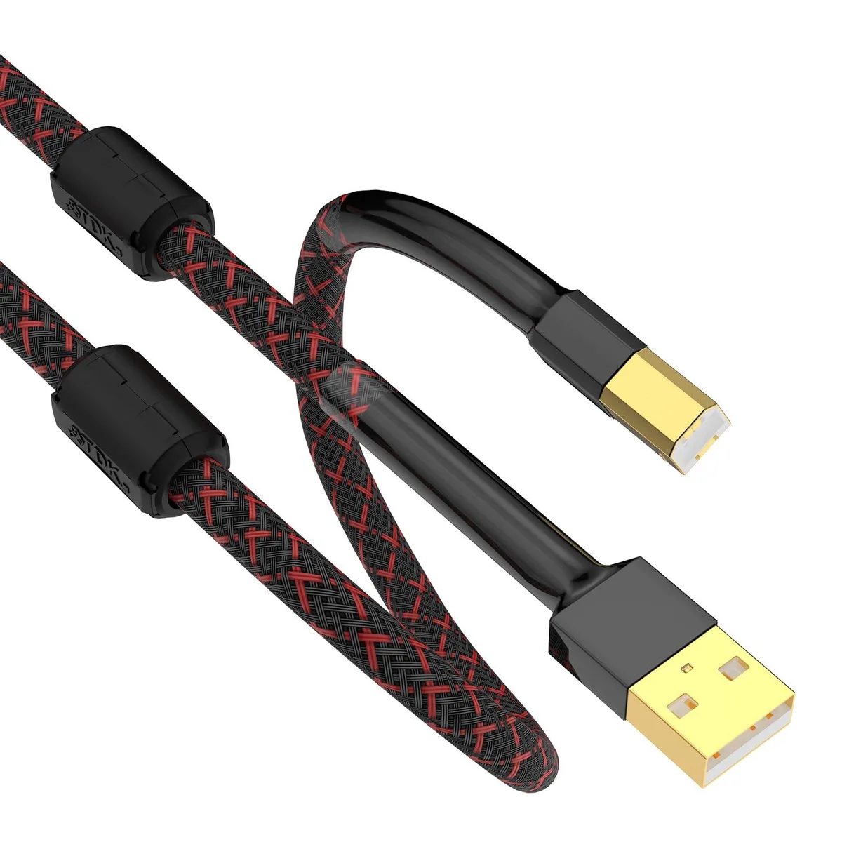 Black USB 2.0 A-to-B cable with braided mesh and detachable magnetic rings