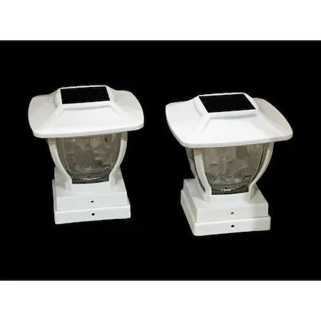 Set of two solar post cap lights, metal and glass, warm white LEDs