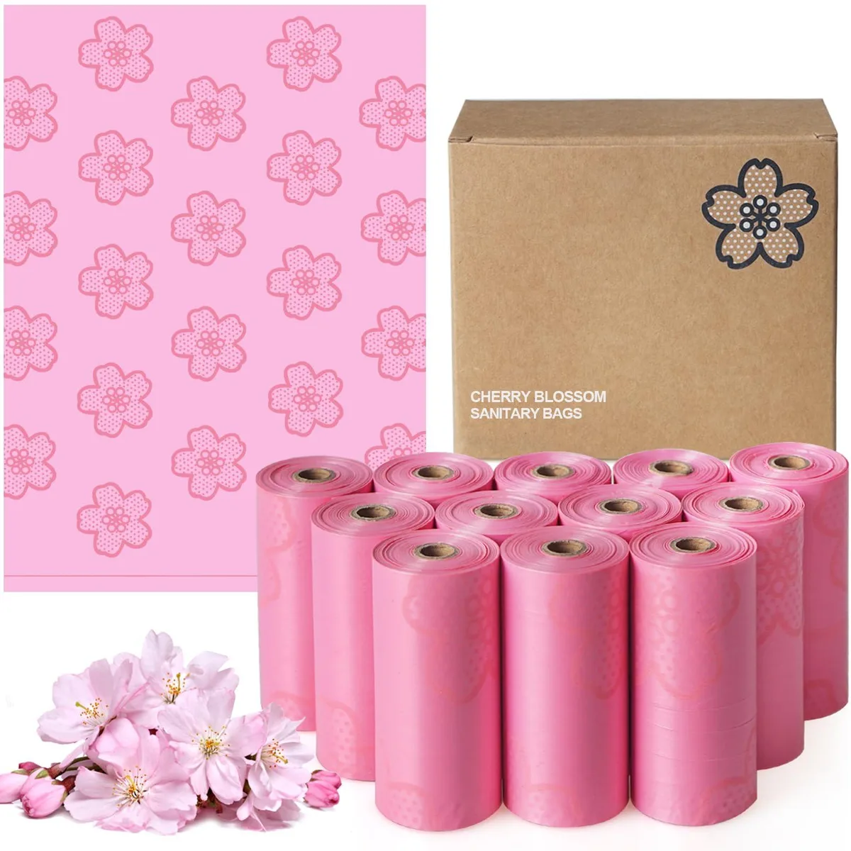 Box of 12 rolls of beige scented disposal bags, 180 pieces total
