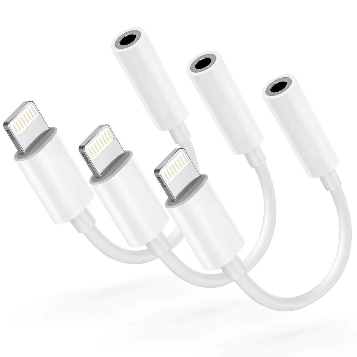 Three white Lightning to 3.5 mm audio adapters with short TPE cables