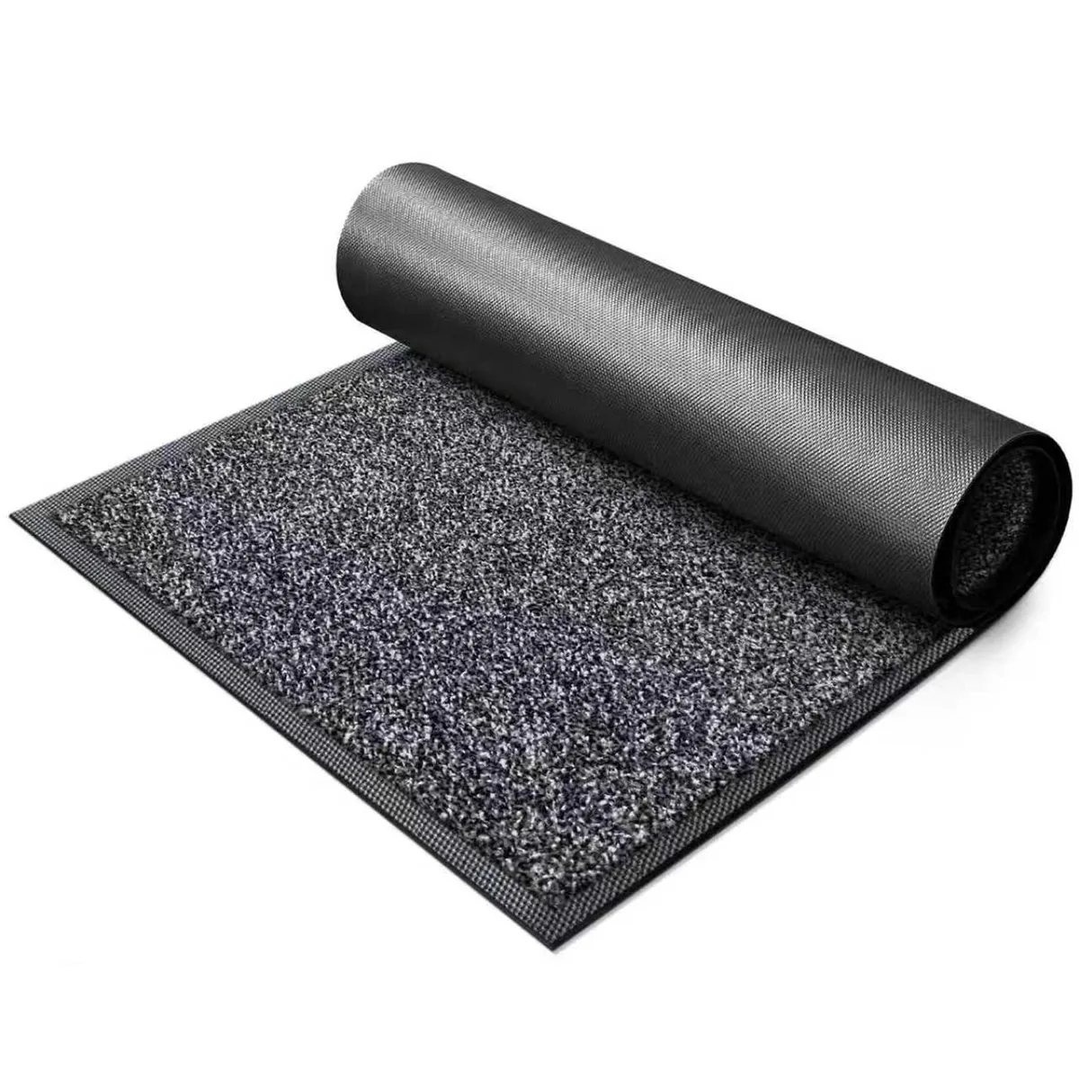 Grey rectangular door mat, low-profile 0.3 inch pile, rubber backing visible at edges