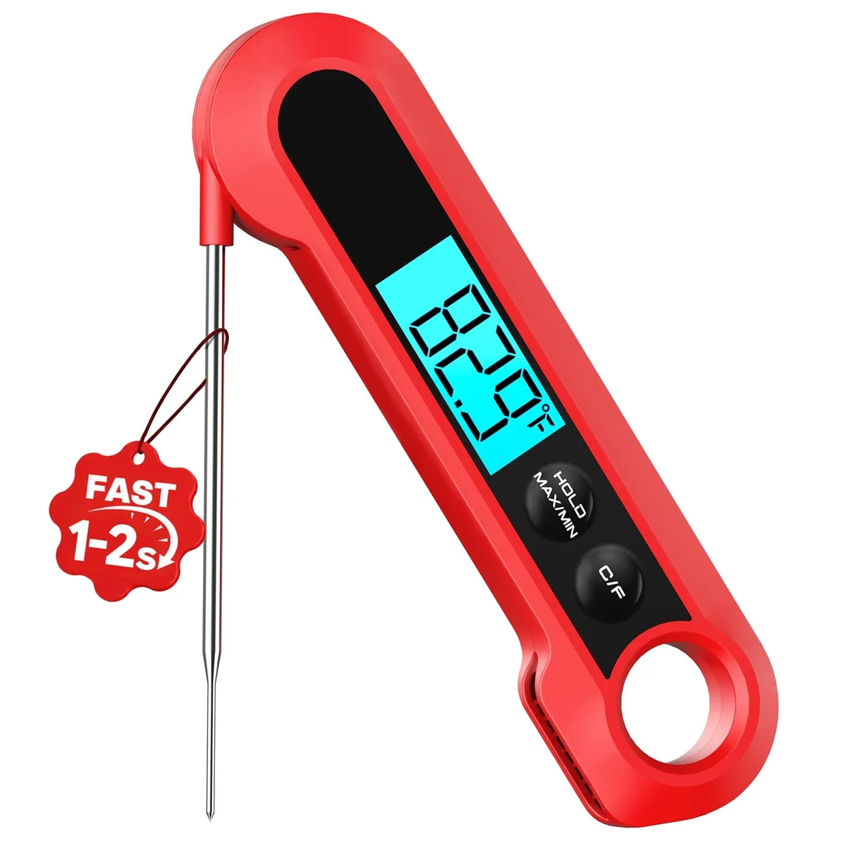 Red digital meat thermometer with 180° foldable probe, IP67 waterproof case, magnetic back, bright backlit display