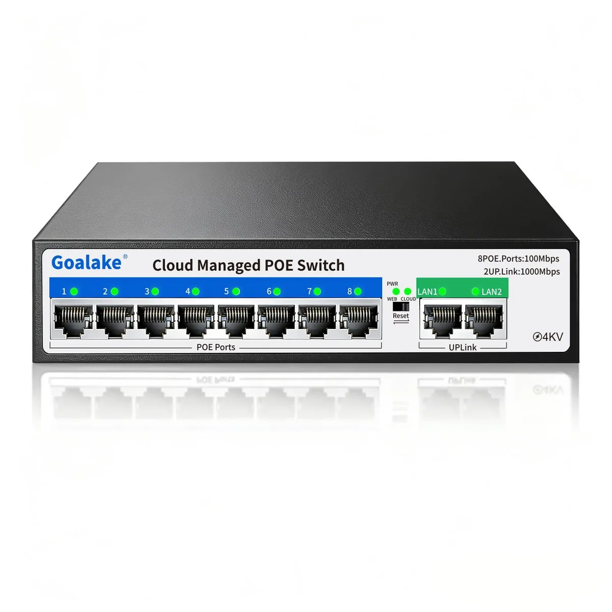  Goalake 10 Port Managed PoE Switch 8×100M 2×1000M 120W 250m VLAN QoS Fanless — product photo