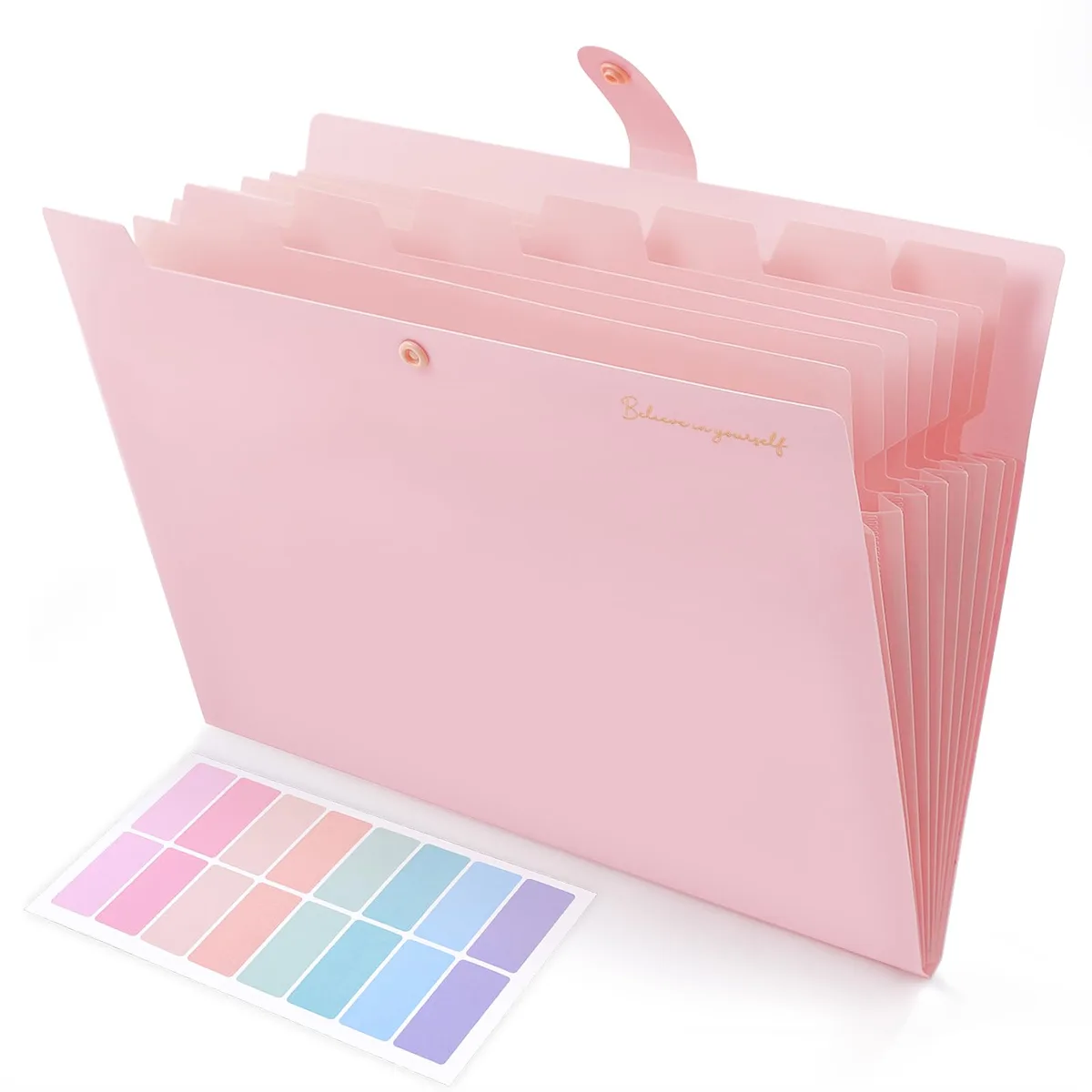 Pink plastic expanding file folder with 8 pockets and snap closure