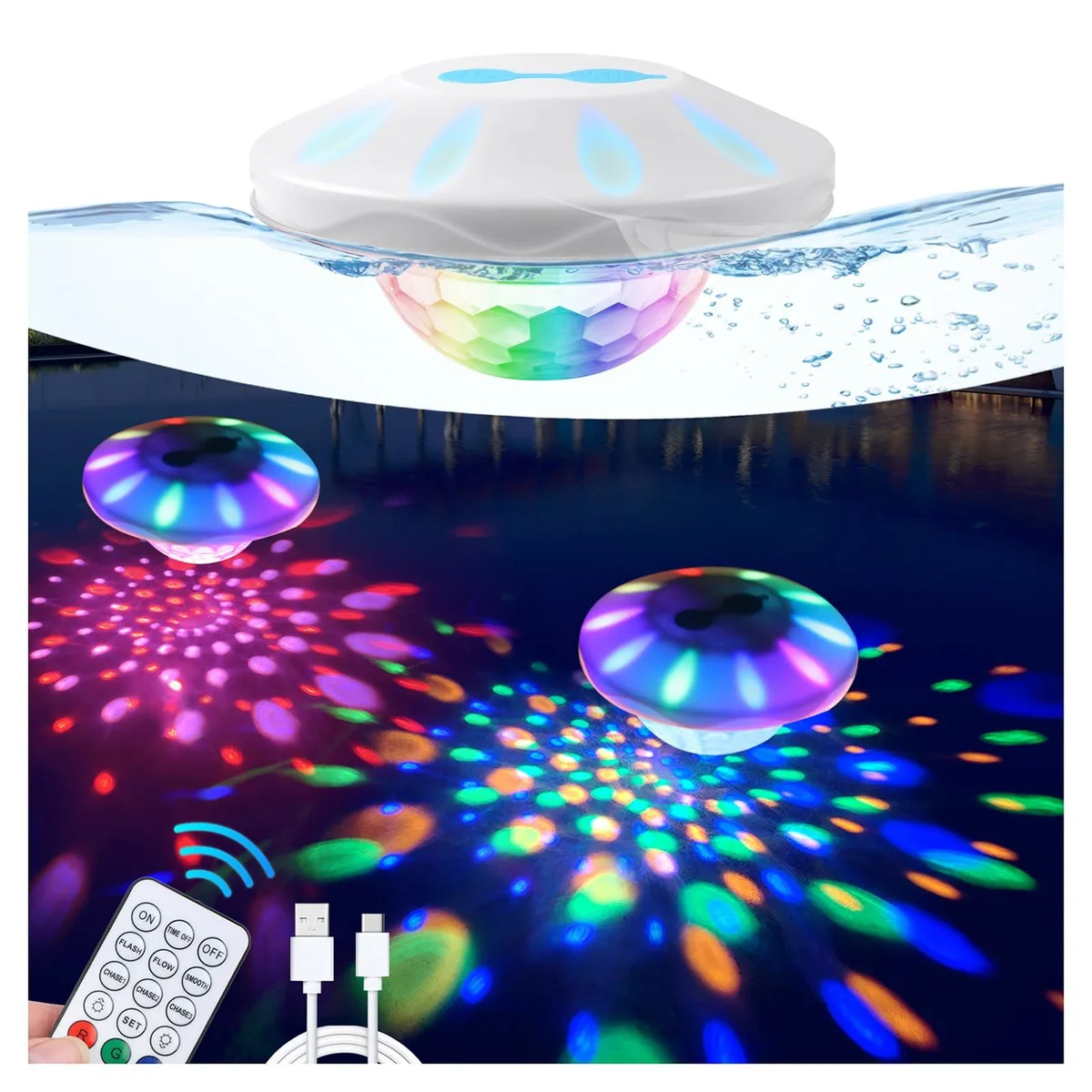 White round floating pool light with clear prismatic top, 5.11 inch diameter, remote controlled