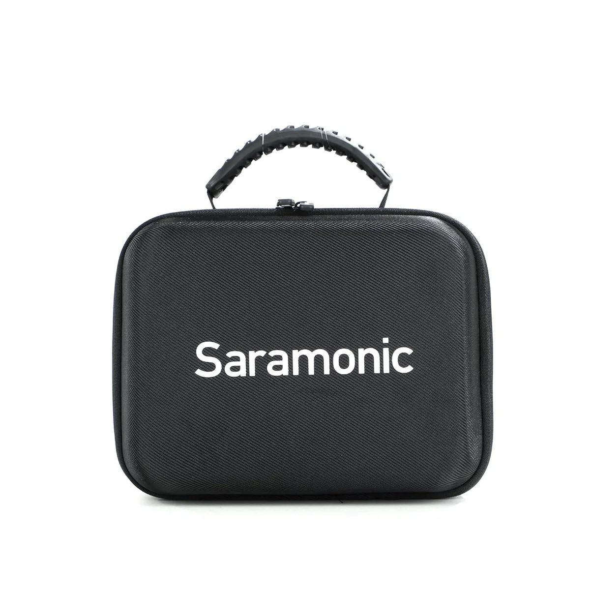 Small padded black carry case with top handle and dual zippers