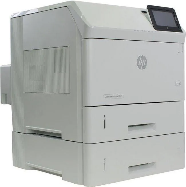 White rectangular office laser printer with lower paper tray module, front touchscreen and output bin