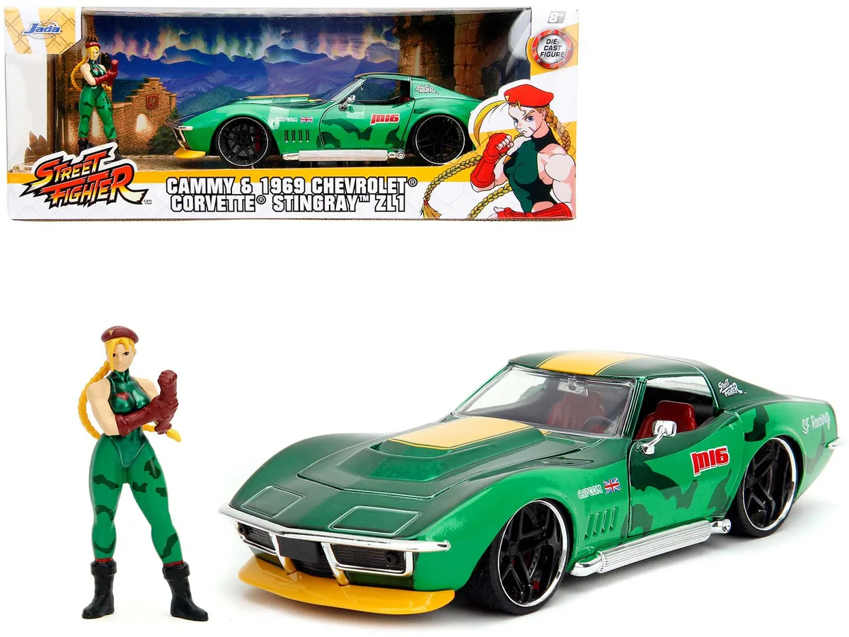 Jada Jada 1969 Chevrolet Corvette Stingray ZL1 Green Metallic Yellow Stripes Cammy Figure 1/24 Diecast — product photo