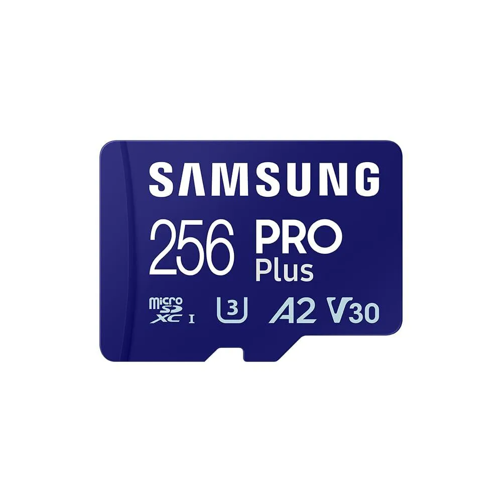 Small blue microSDXC card with matching SD adapter