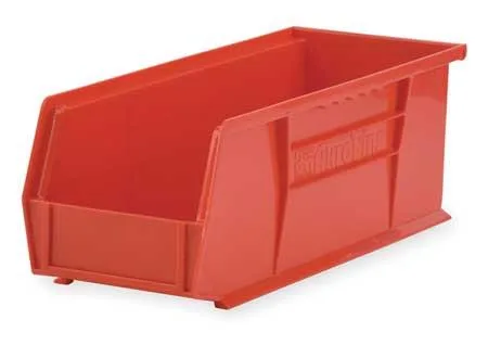 Red plastic hang-and-stack storage bin, rectangular with open top and label slots