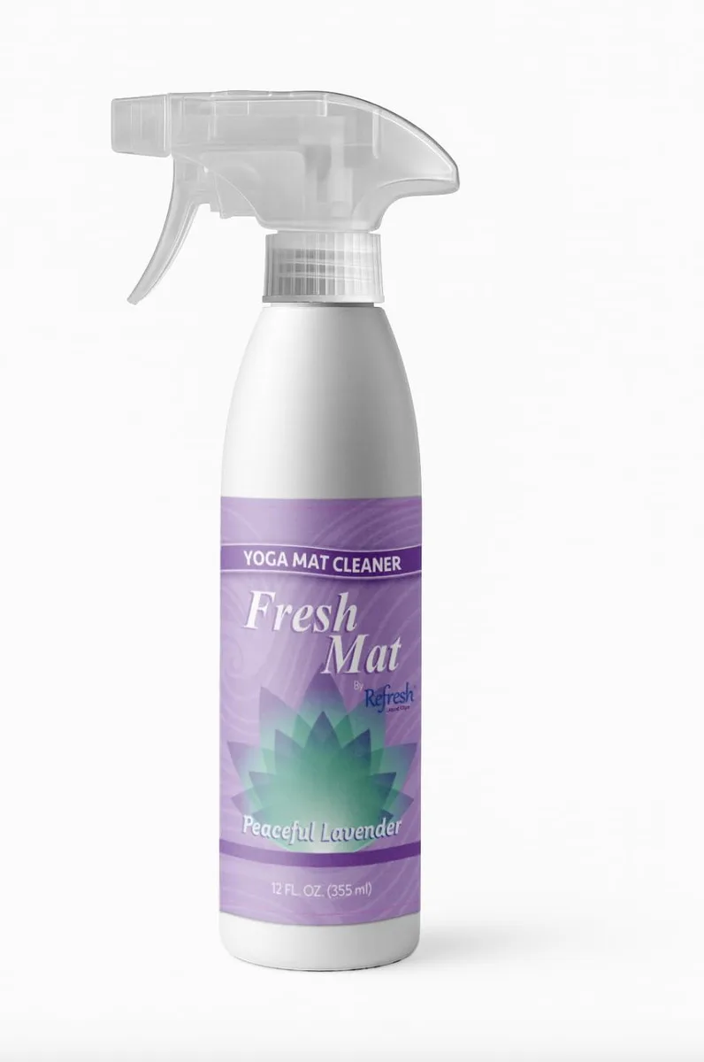 White 12 fl oz spray bottle of Fresh Mat yoga mat cleaner with Peaceful Lavender scent