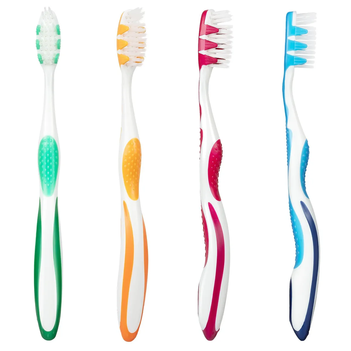 Four manual toothbrushes with tapered soft bristles, plastic handles, individually wrapped