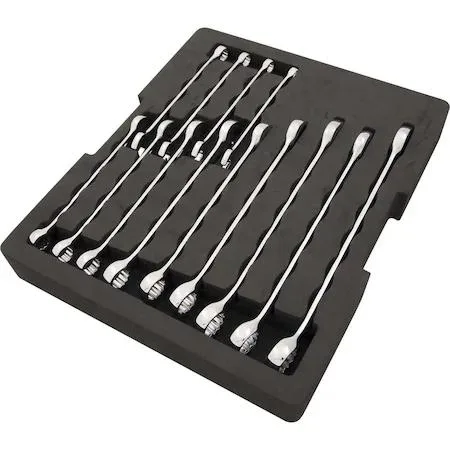 Black foam tray holding 13 metric wrenches in orange slots