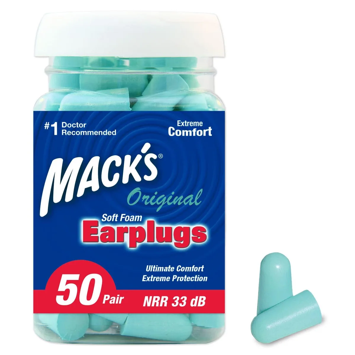 Mack's 9050 Foam Earplugs 50 Pair 33dB Teal Green — product photo