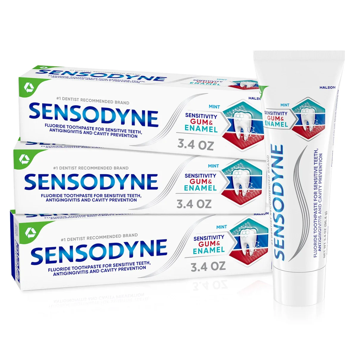 Three white 3.4 oz toothpaste tubes with mint labeling