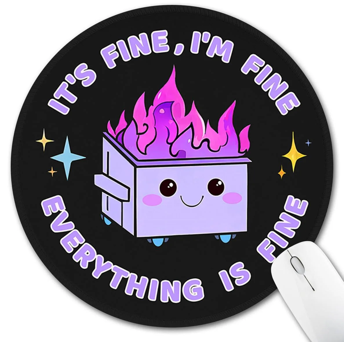 Purple round mouse pad with dumpster fire design, 8.6 in diameter, .12 in thick, non-slip rubber base