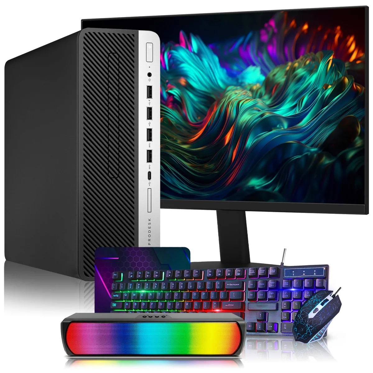 HP HP ProDesk 600 G4 SFF i5-8500 16GB 512GB 24" monitor RGB Sound Bar desktop PC — product photo