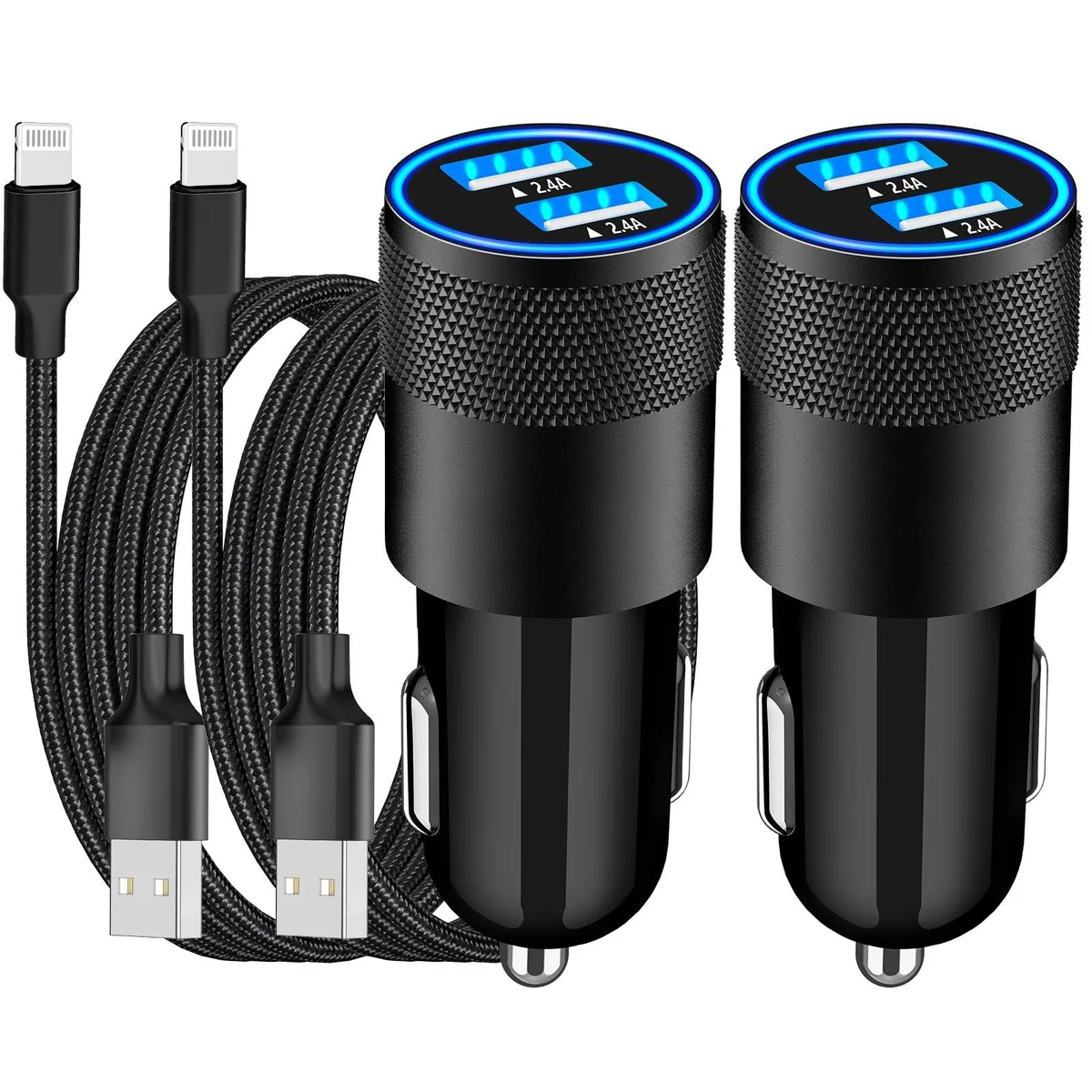 Two compact car chargers with braided Lightning cables, matte black finish