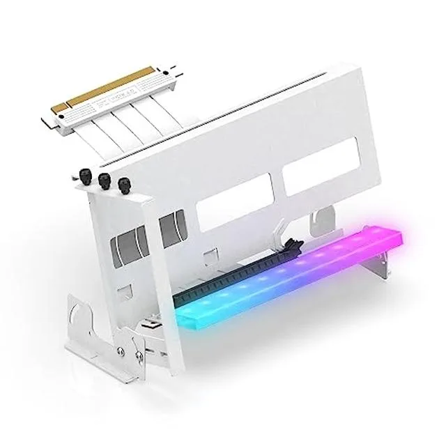 White GPU bracket with ARGB lighting and white riser cable