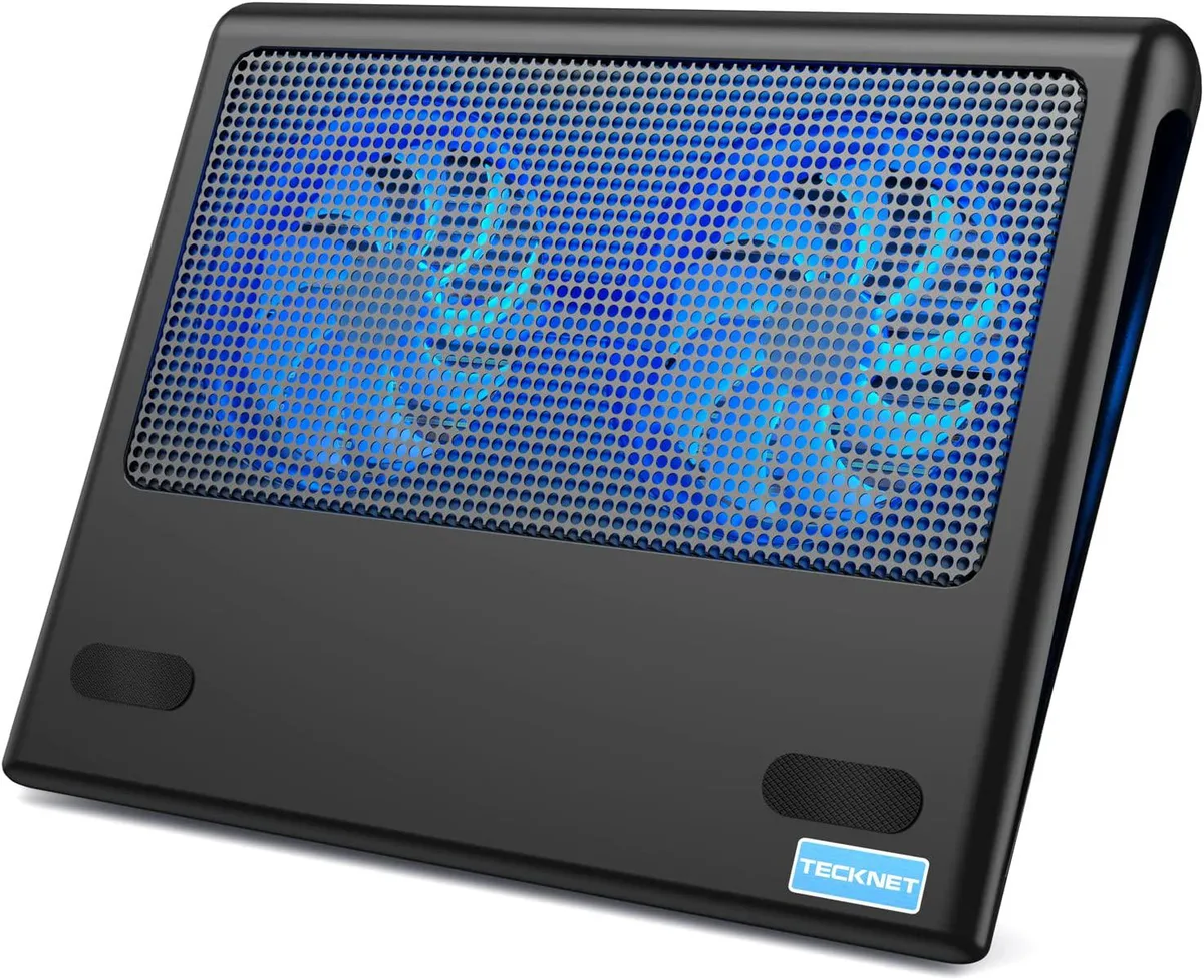 Blue ultra-slim laptop cooling pad with metal mesh surface and dual 110mm fans
