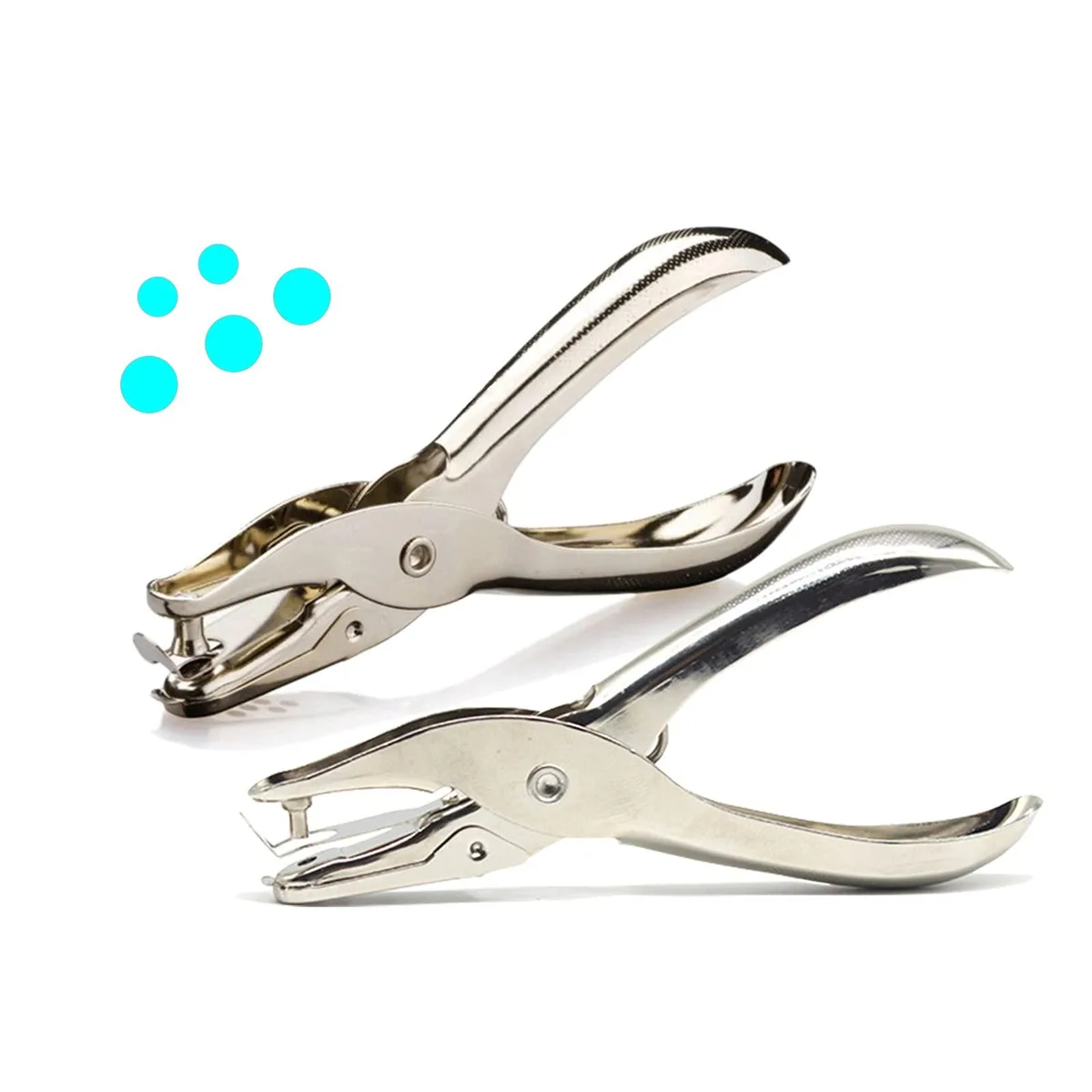 Silver handheld single hole punch with hinged scrap compartment