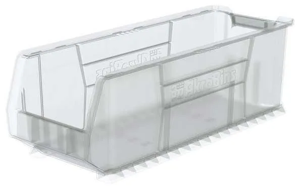 Clear rectangular storage bin with label area and divider slots