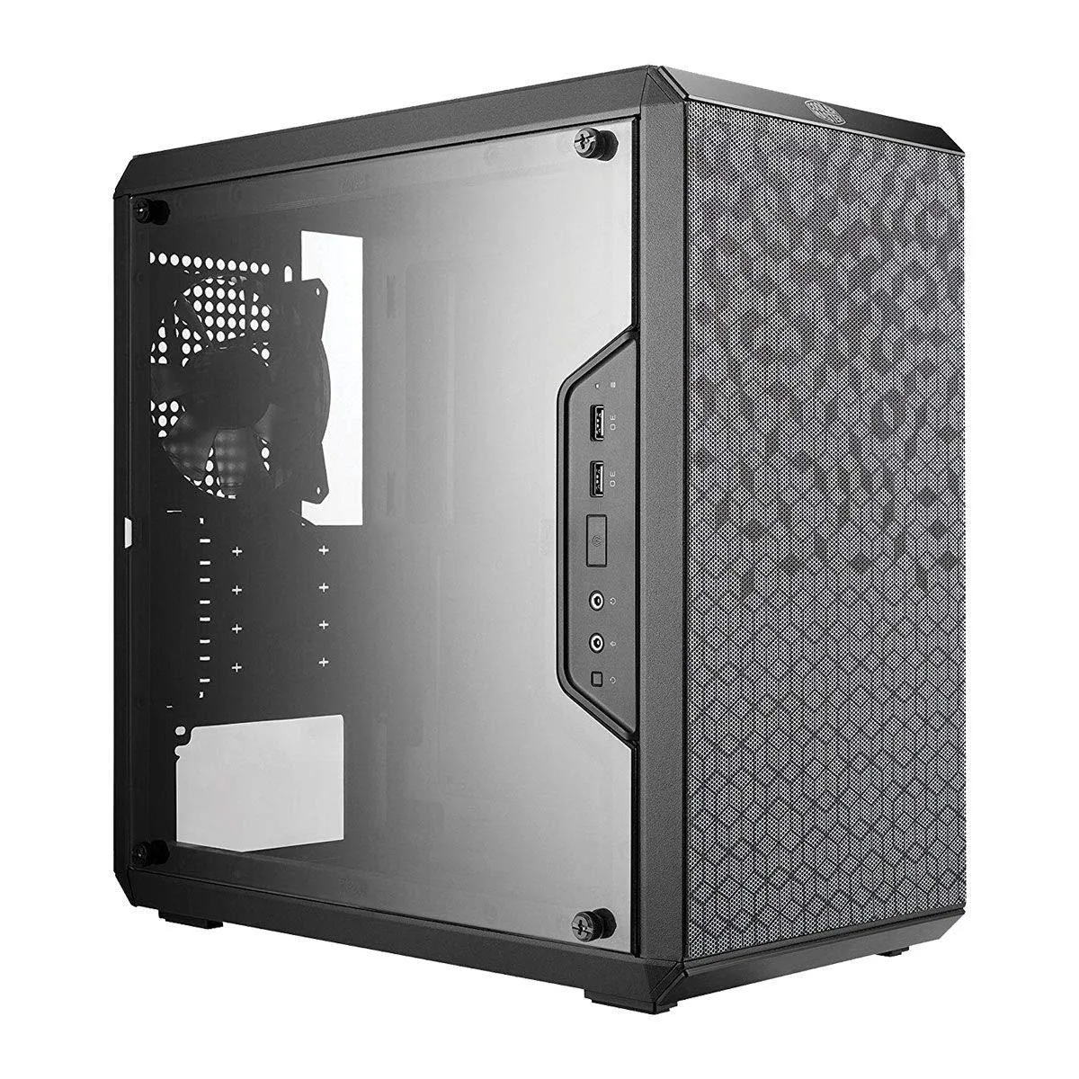 Grey mini tower case with perforated front panel and full transparent side window